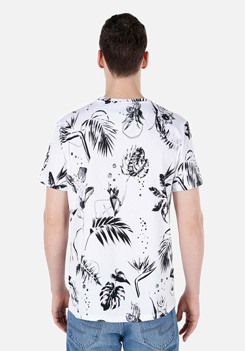 Regular Fit Yuvarlak Yaka Baskılı Erkek Beyaz Kısa Kol Tişört