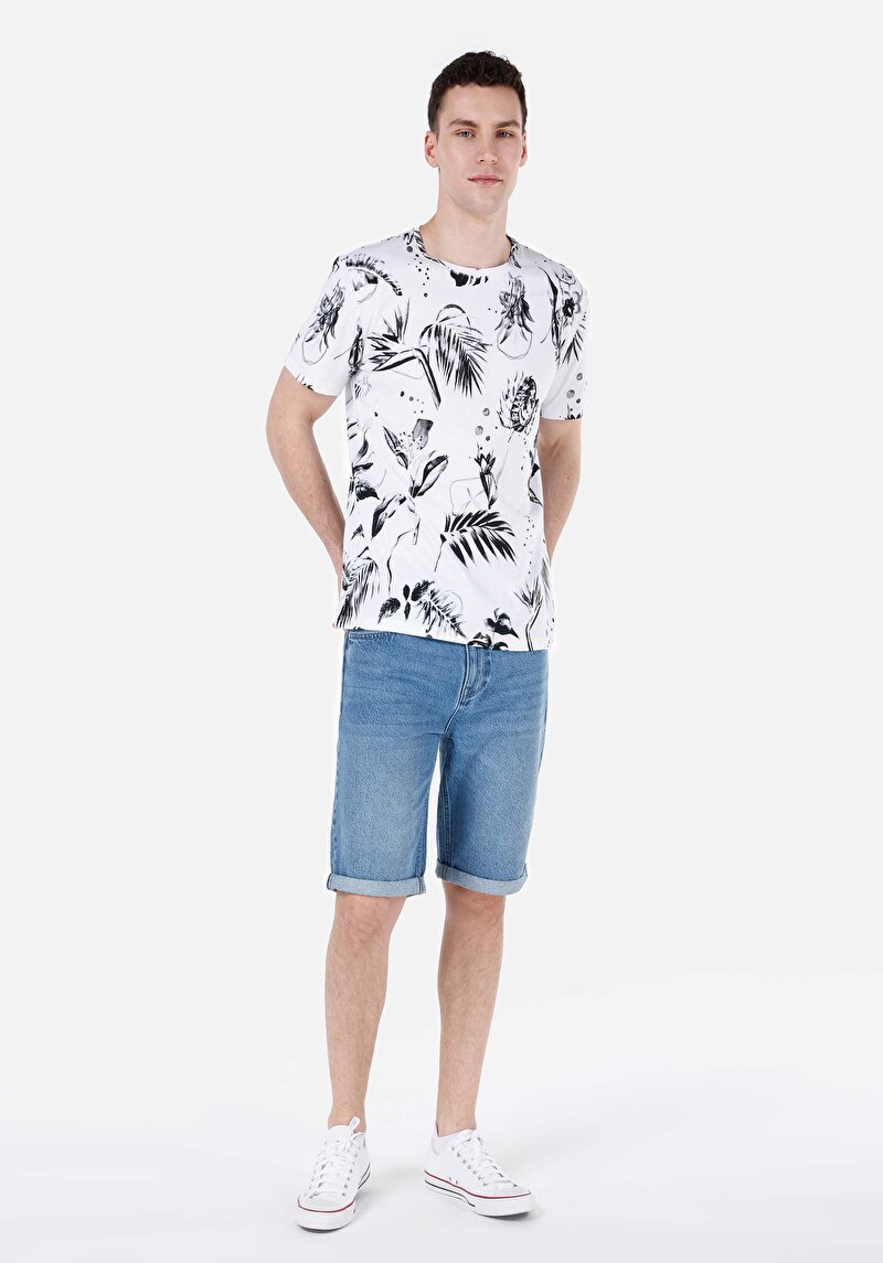 Regular Fit Yuvarlak Yaka Baskılı Erkek Beyaz Kısa Kol Tişört