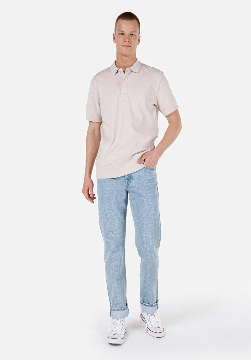 Comfort Fit Polo Yaka Düz Erkek Bej Kısa Kol Tişört