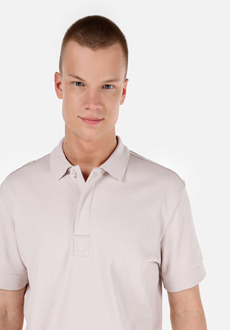 Comfort Fit Polo Yaka Düz Erkek Bej Kısa Kol Tişört