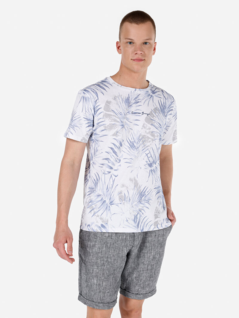 Regular Fit Yuvarlak Yaka Örme Baskılı Erkek Mavi Kısa Kol Tişört