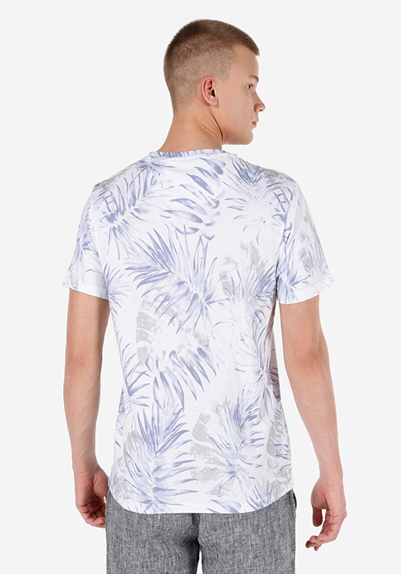 Regular Fit Yuvarlak Yaka Örme Baskılı Erkek Mavi Kısa Kol Tişört