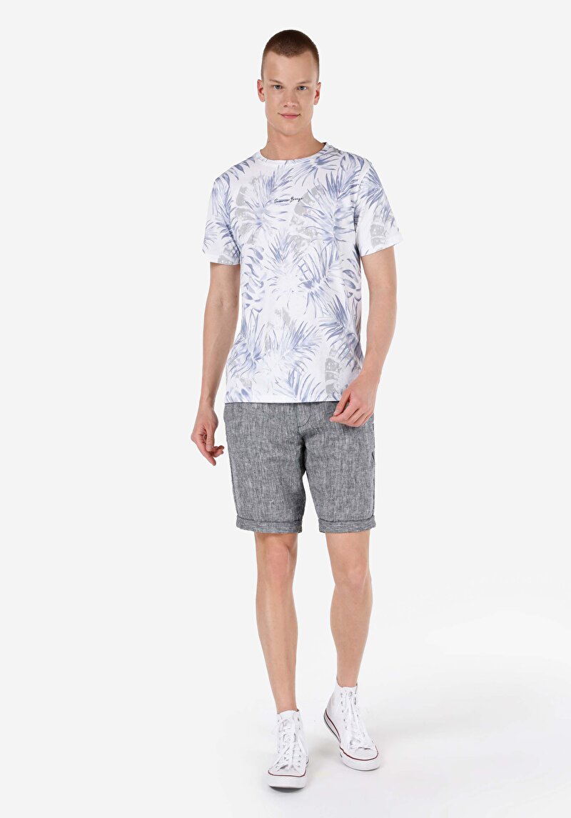 Regular Fit Yuvarlak Yaka Örme Baskılı Erkek Mavi Kısa Kol Tişört