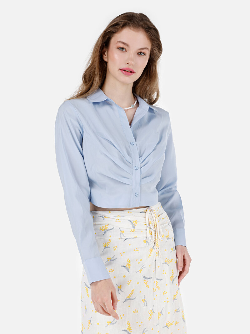 Regular Fit Shirt Neck Düz Kadın Mavi Uzun Kol Gömlek