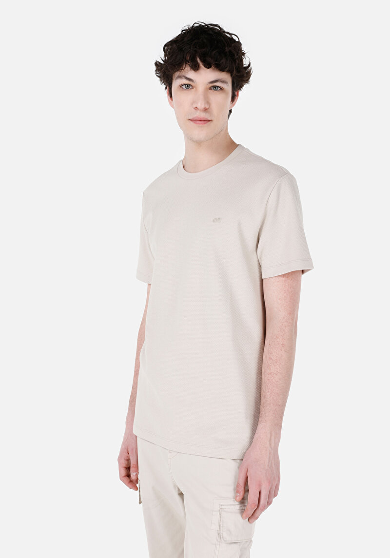 Regular Fit Yuvarlak Yaka Jakarlı Erkek Bej Kısa Kol Tişört