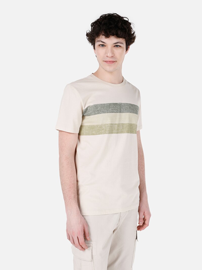 Regular Fit Yuvarlak Yaka Düz Erkek Bej Kısa Kol Tişört