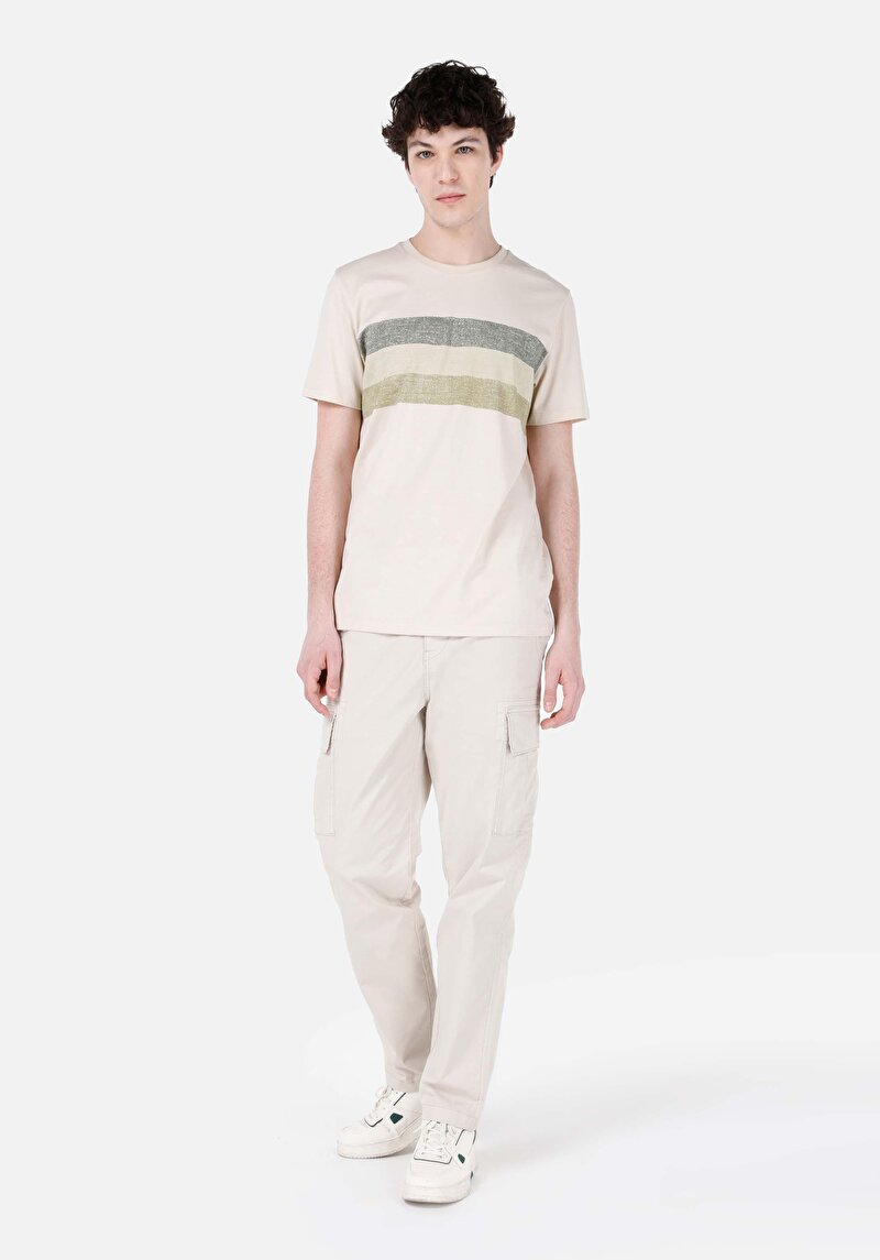 Regular Fit Yuvarlak Yaka Düz Erkek Bej Kısa Kol Tişört