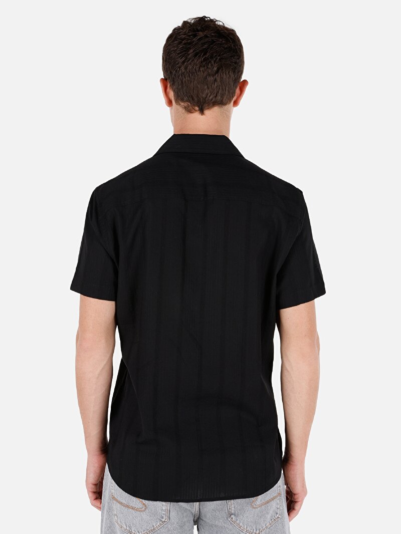 Regular Fit Shirt Neck Düz Erkek Siyah Kısa Kol Gömlek