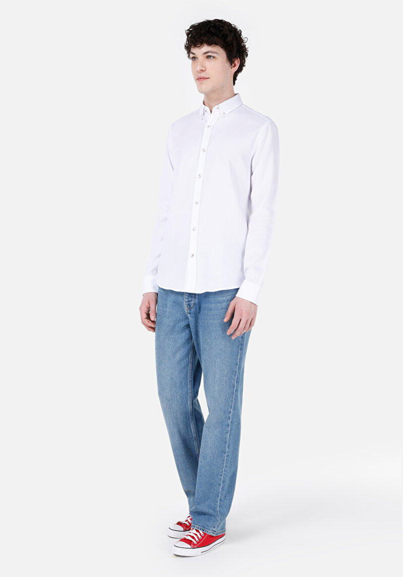 Slim Fit Shirt Neck Düz Erkek Beyaz Uzun Kol Gömlek