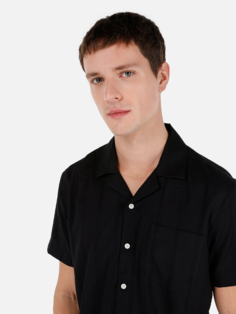 Regular Fit Shirt Neck Düz Erkek Siyah Kısa Kol Gömlek