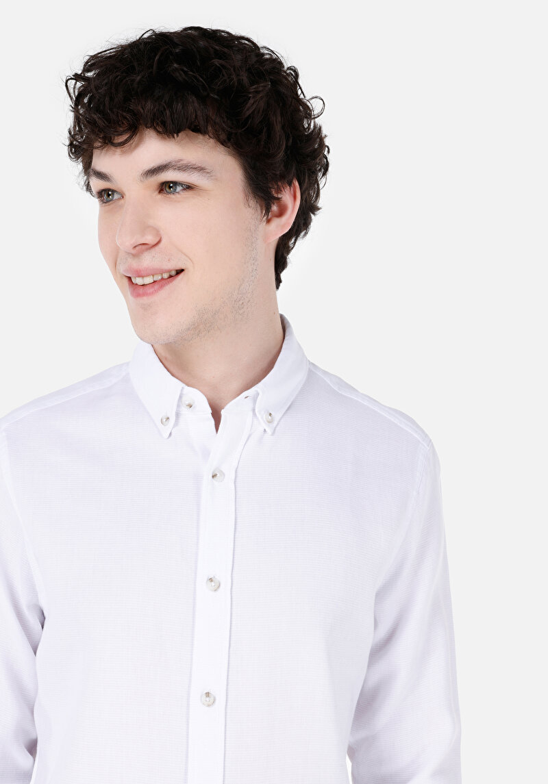 Slim Fit Shirt Neck Düz Erkek Beyaz Uzun Kol Gömlek