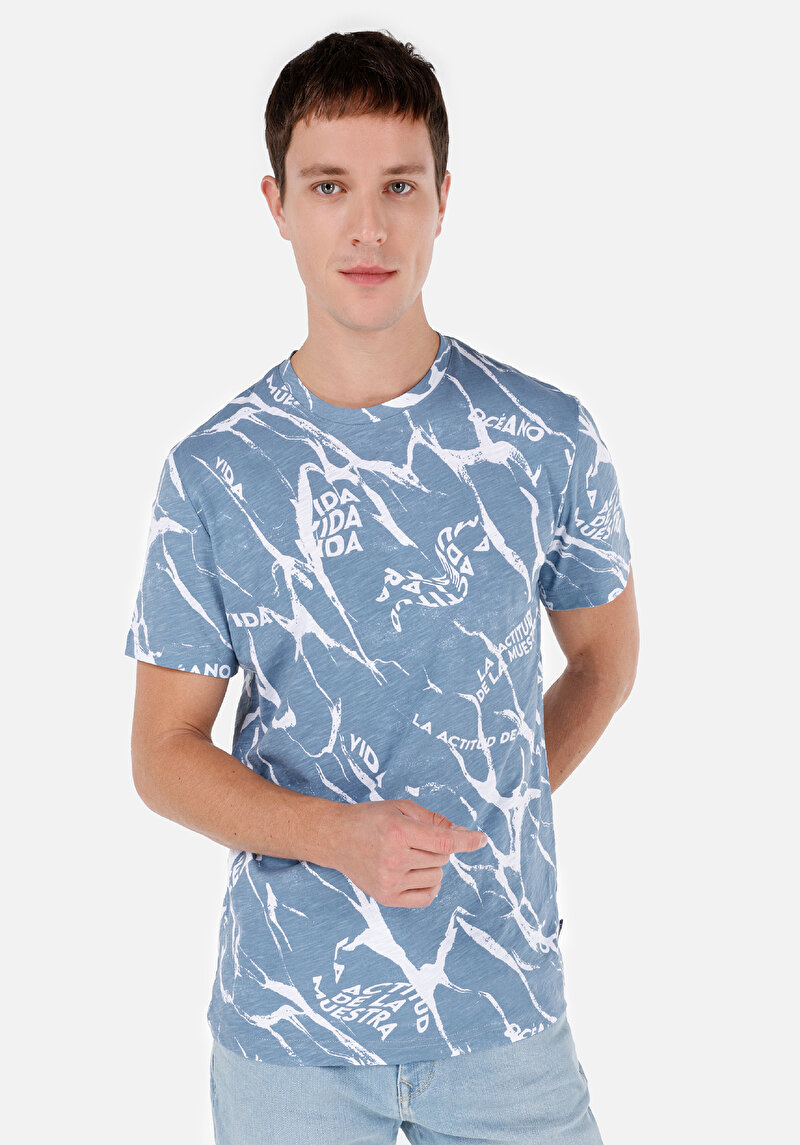 Regular Fit Yuvarlak Yaka Pamuklu Erkek Mavi Kısa Kol Tişört