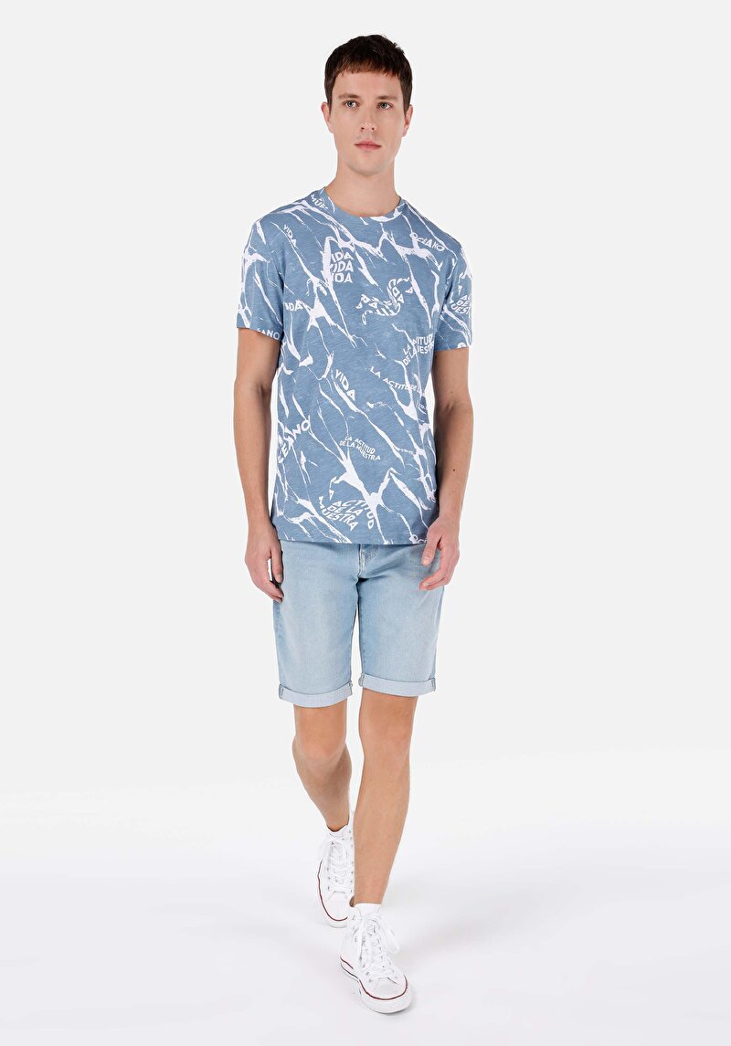 Regular Fit Yuvarlak Yaka Pamuklu Erkek Mavi Kısa Kol Tişört