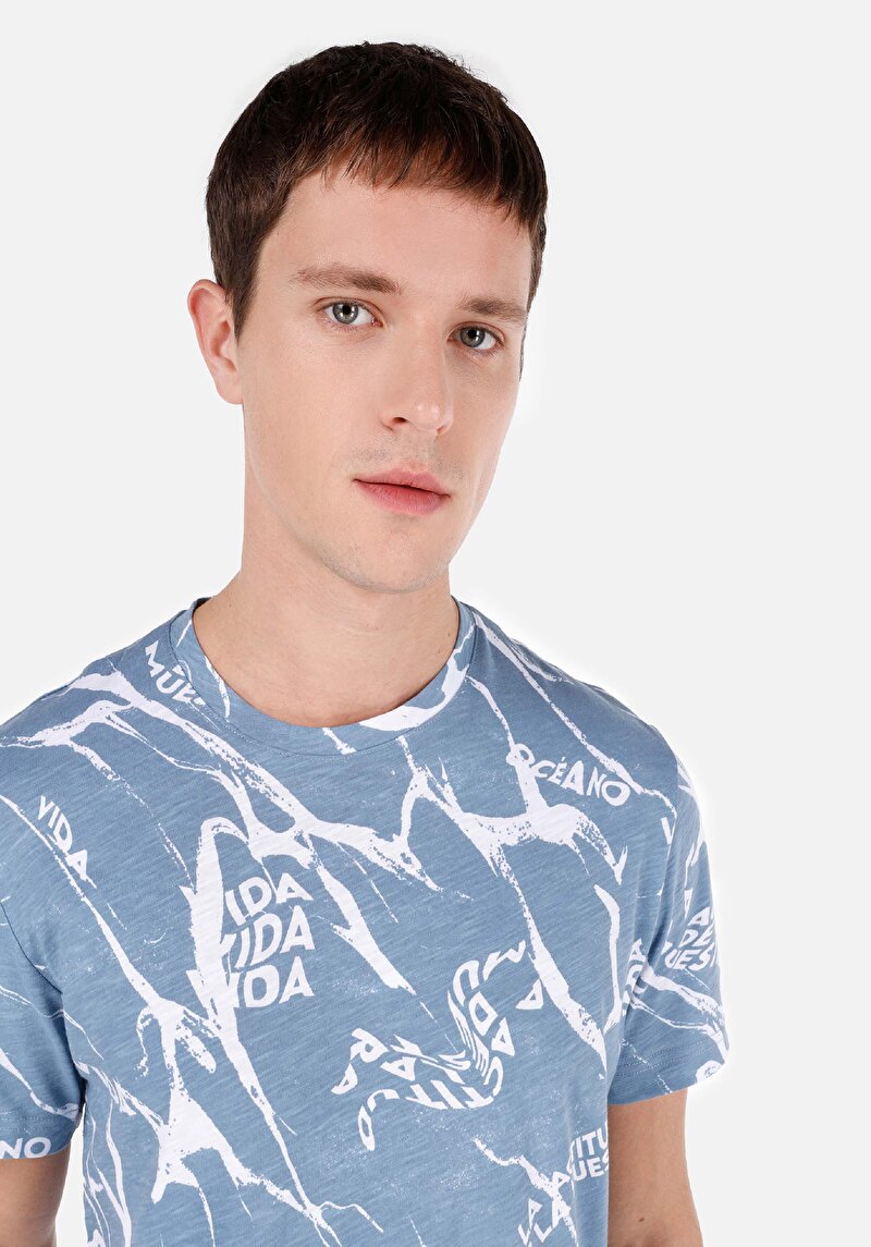 Regular Fit Yuvarlak Yaka Pamuklu Erkek Mavi Kısa Kol Tişört