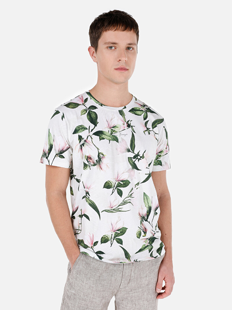 Regular Fit Yuvarlak Yaka Baskılı Erkek Pembe Kısa Kol Tişört