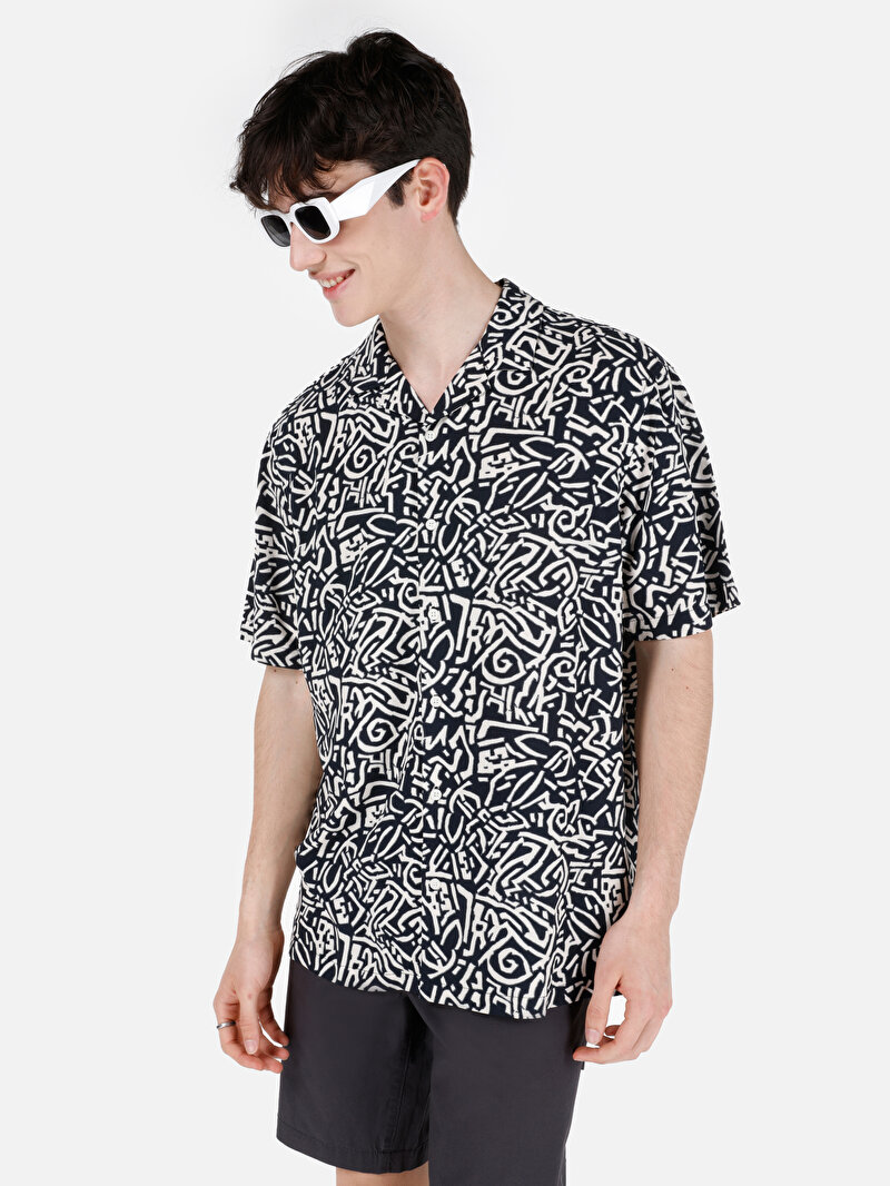 Regular Fit Shirt Neck Baskılı Erkek Lacivert Kısa Kol Gömlek