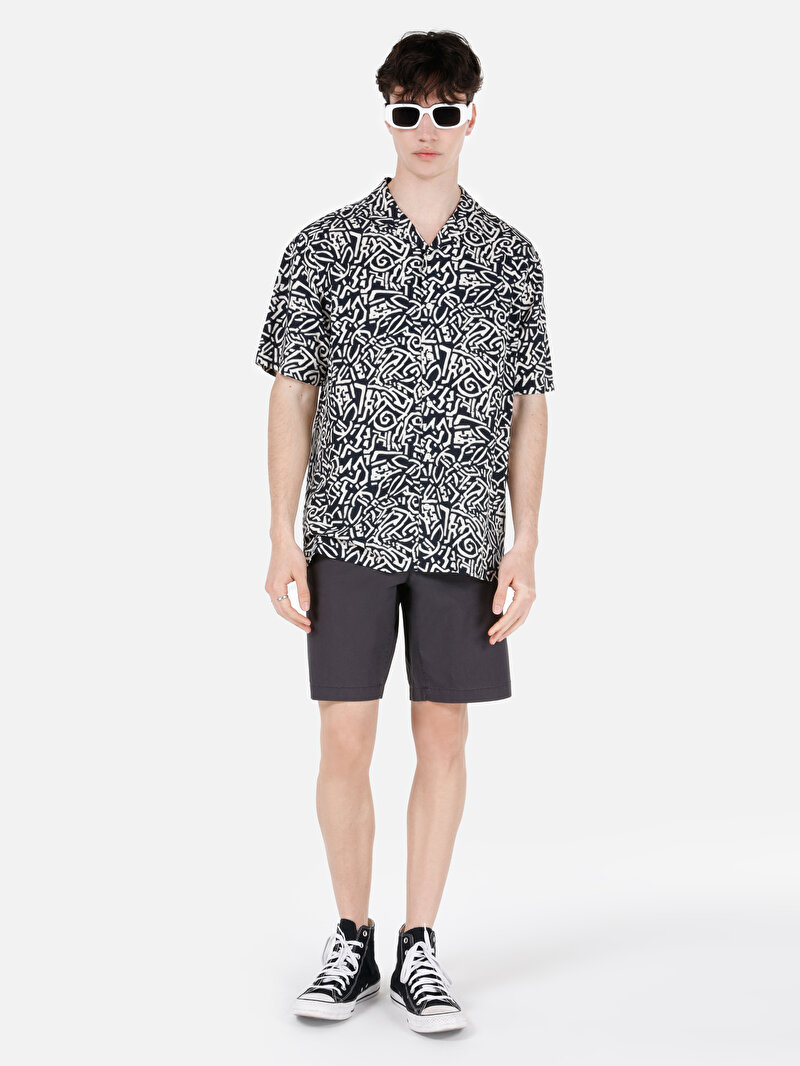 Regular Fit Shirt Neck Baskılı Erkek Lacivert Kısa Kol Gömlek