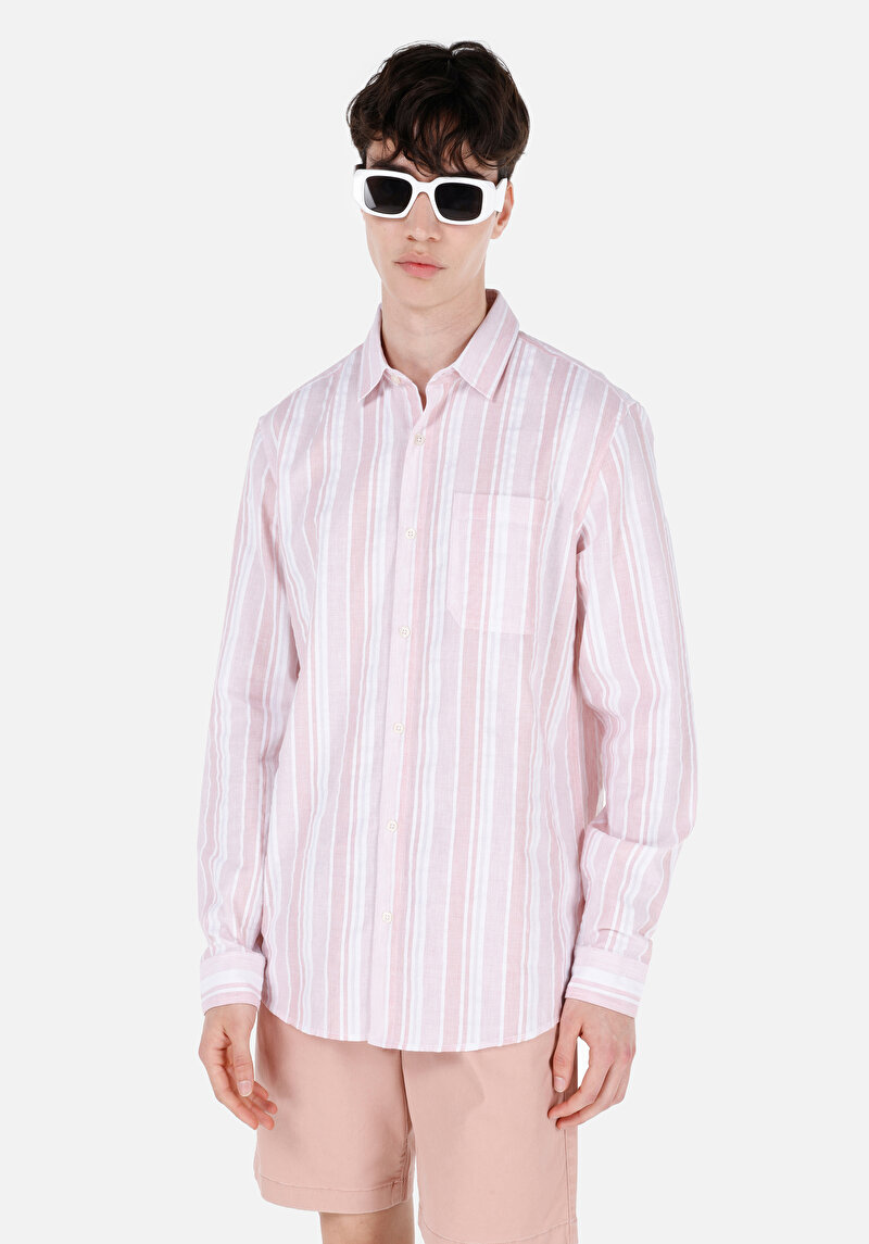 Regular Fit Shirt Neck Çizgili Erkek Pembe Uzun Kol Gömlek