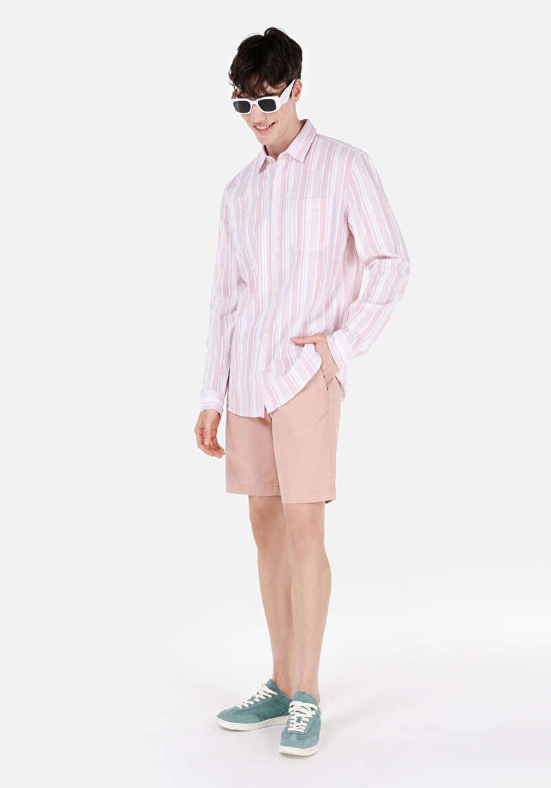 Regular Fit Shirt Neck Çizgili Erkek Pembe Uzun Kol Gömlek