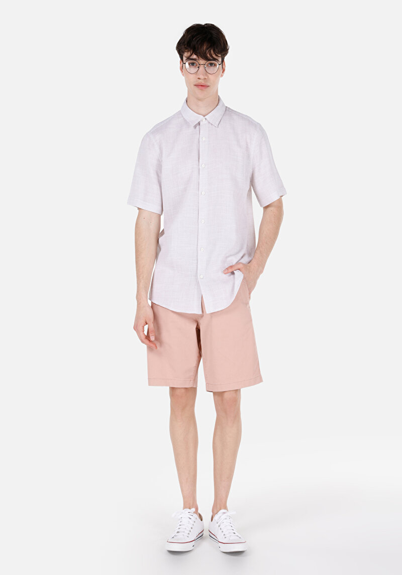 Regular Fit Shirt Neck Düz Erkek Bej Kısa Kol Gömlek