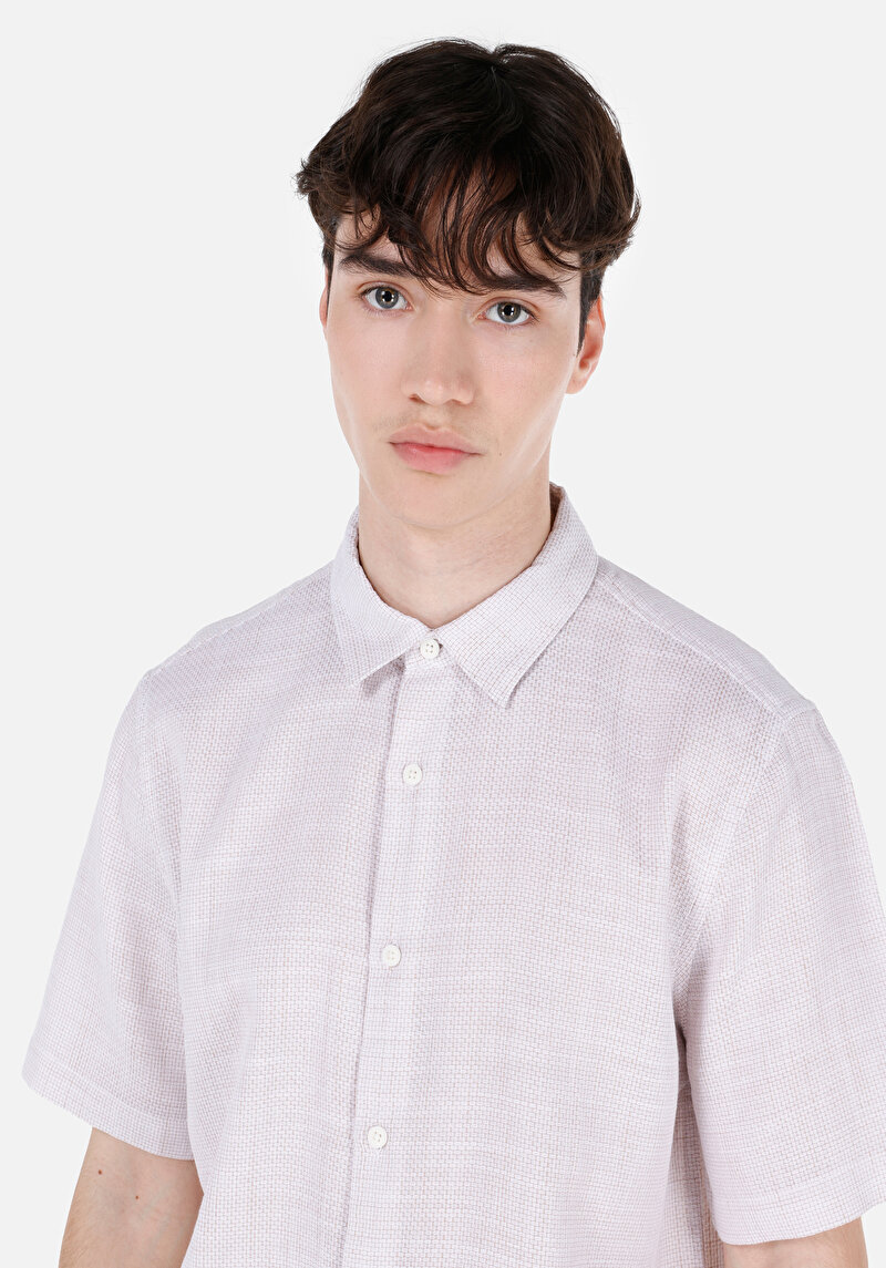 Regular Fit Shirt Neck Düz Erkek Bej Kısa Kol Gömlek