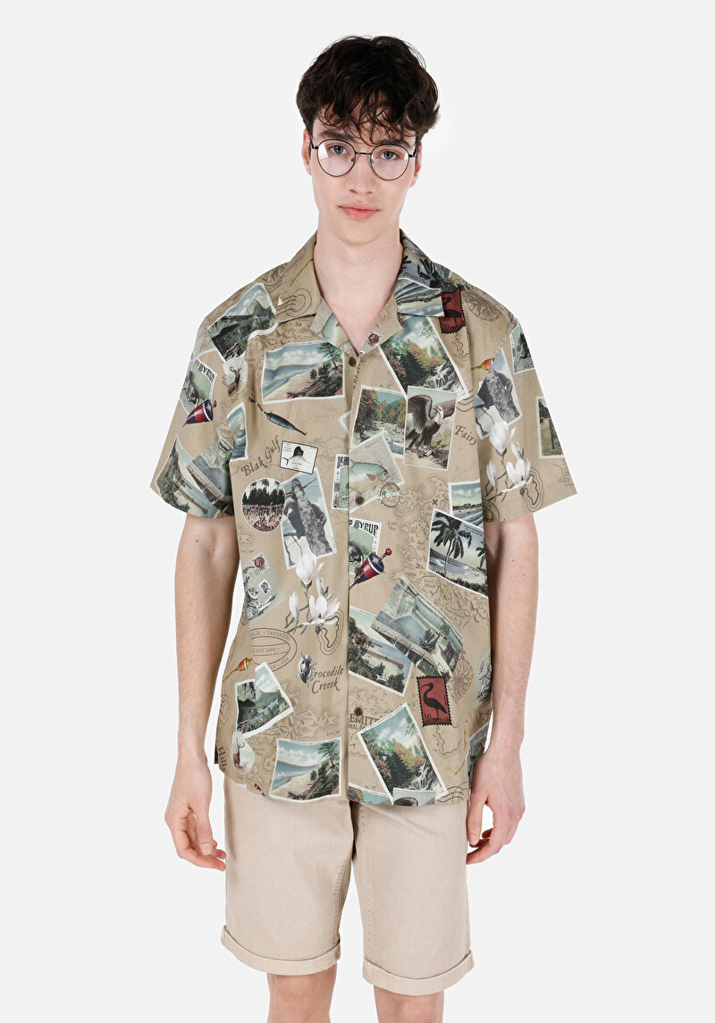 Regular Fit Shirt Neck Baskılı Erkek Gri Kısa Kol Gömlek