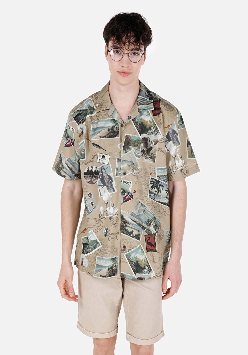 Regular Fit Shirt Neck Baskılı Erkek Gri Kısa Kol Gömlek