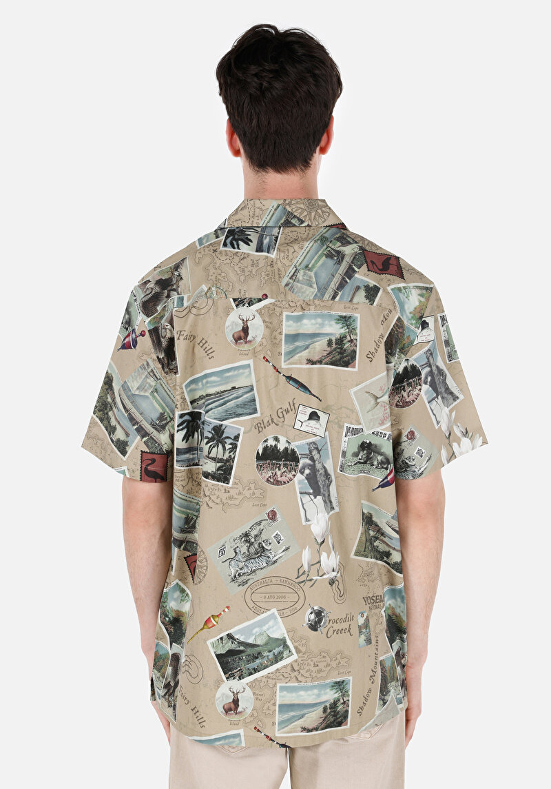 Regular Fit Shirt Neck Baskılı Erkek Gri Kısa Kol Gömlek