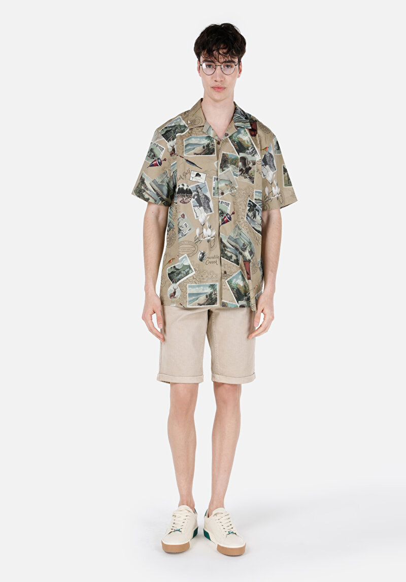 Regular Fit Shirt Neck Baskılı Erkek Gri Kısa Kol Gömlek