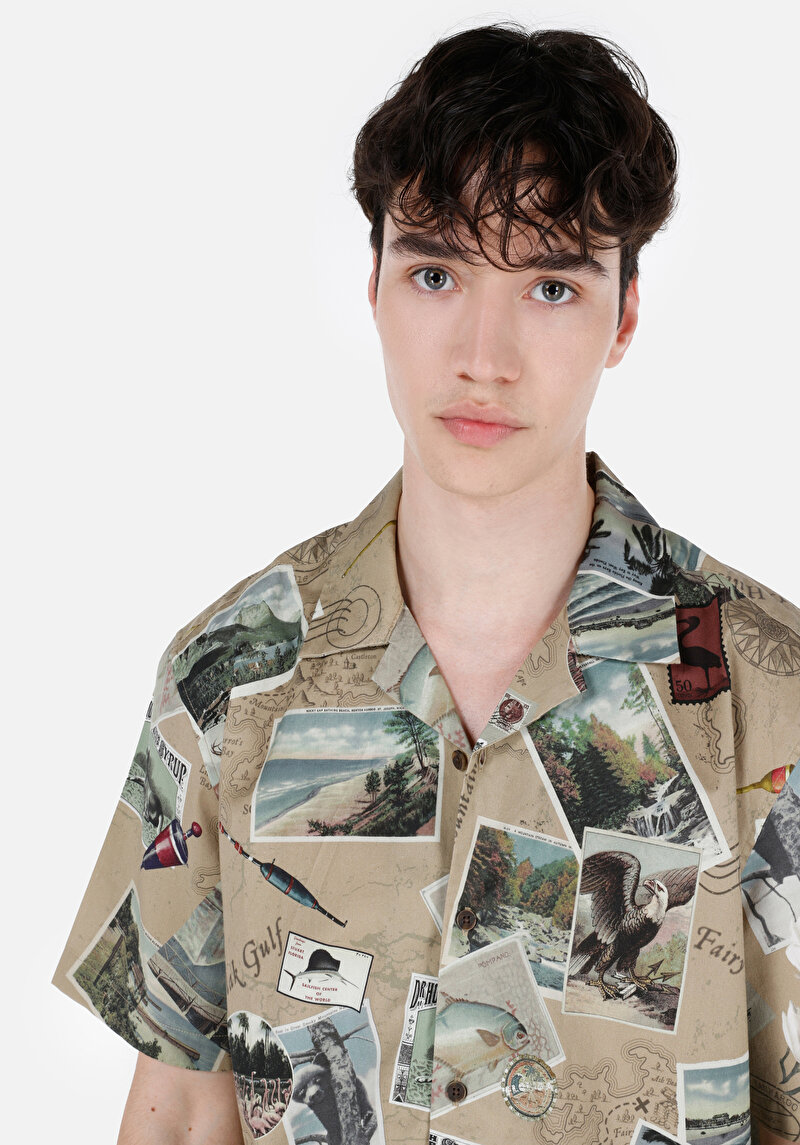 Regular Fit Shirt Neck Baskılı Erkek Gri Kısa Kol Gömlek