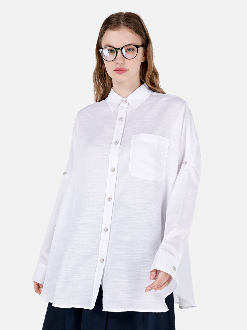 Relaxed Fit Shirt Neck Düz Kadın Beyaz Roll-up Gömlek