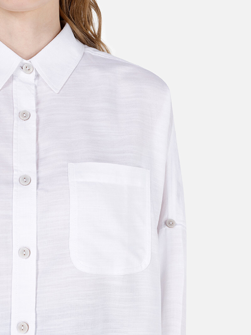 Relaxed Fit Shirt Neck Düz Kadın Beyaz Roll-up Gömlek