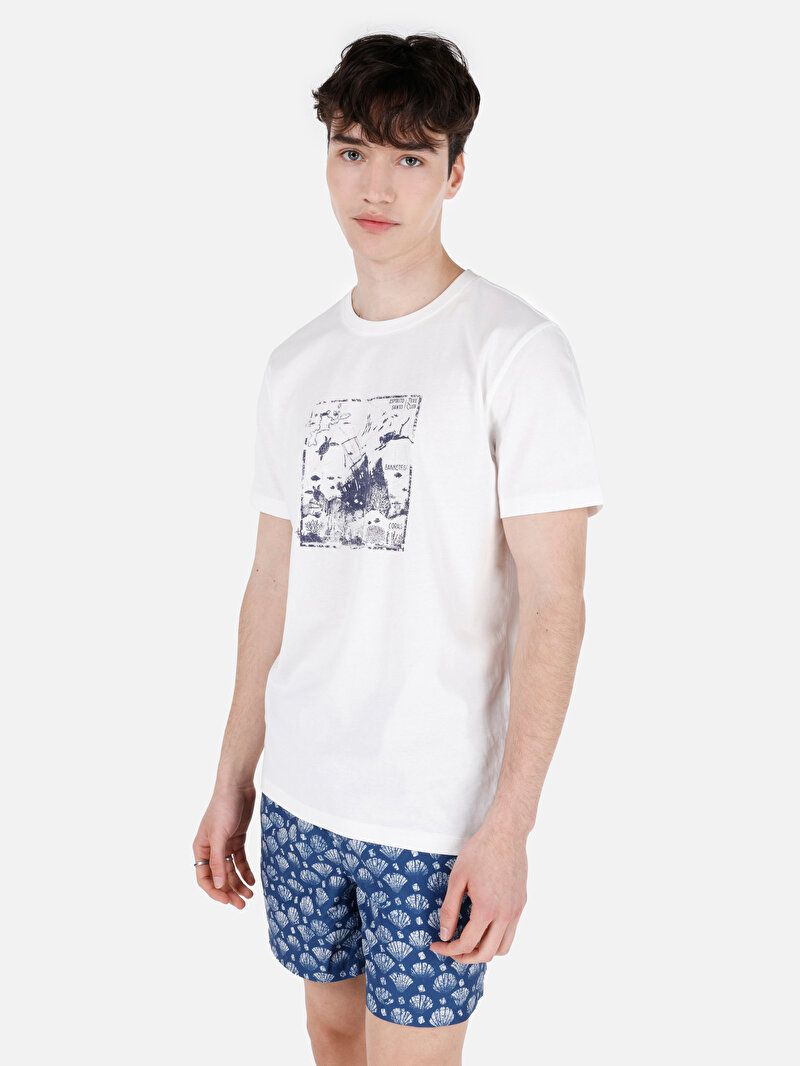 Regular Fit Yuvarlak Yaka Baskılı Düz Erkek Beyaz Kısa Kol Tişört