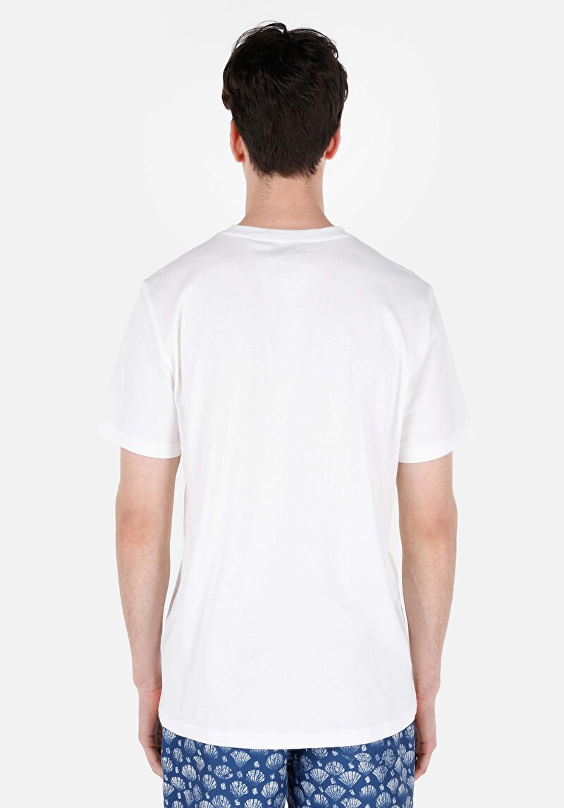 Regular Fit Yuvarlak Yaka Baskılı Düz Erkek Beyaz Kısa Kol Tişört