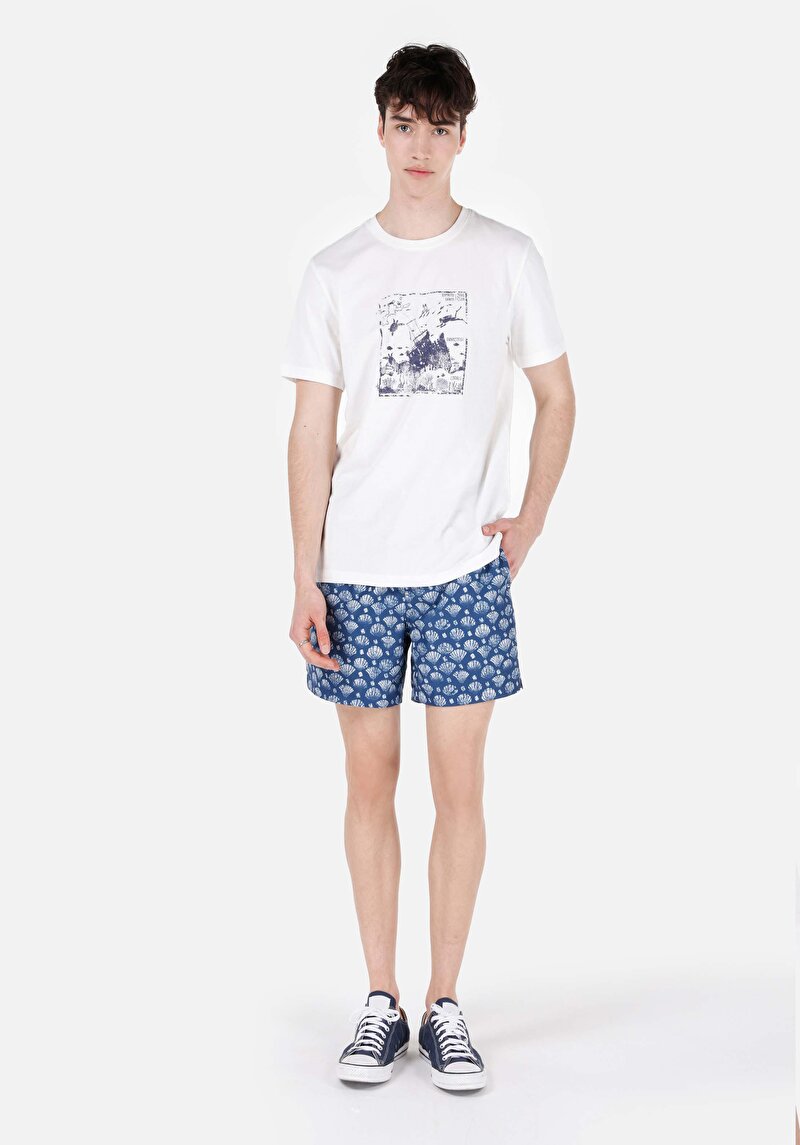 Regular Fit Yuvarlak Yaka Baskılı Düz Erkek Beyaz Kısa Kol Tişört