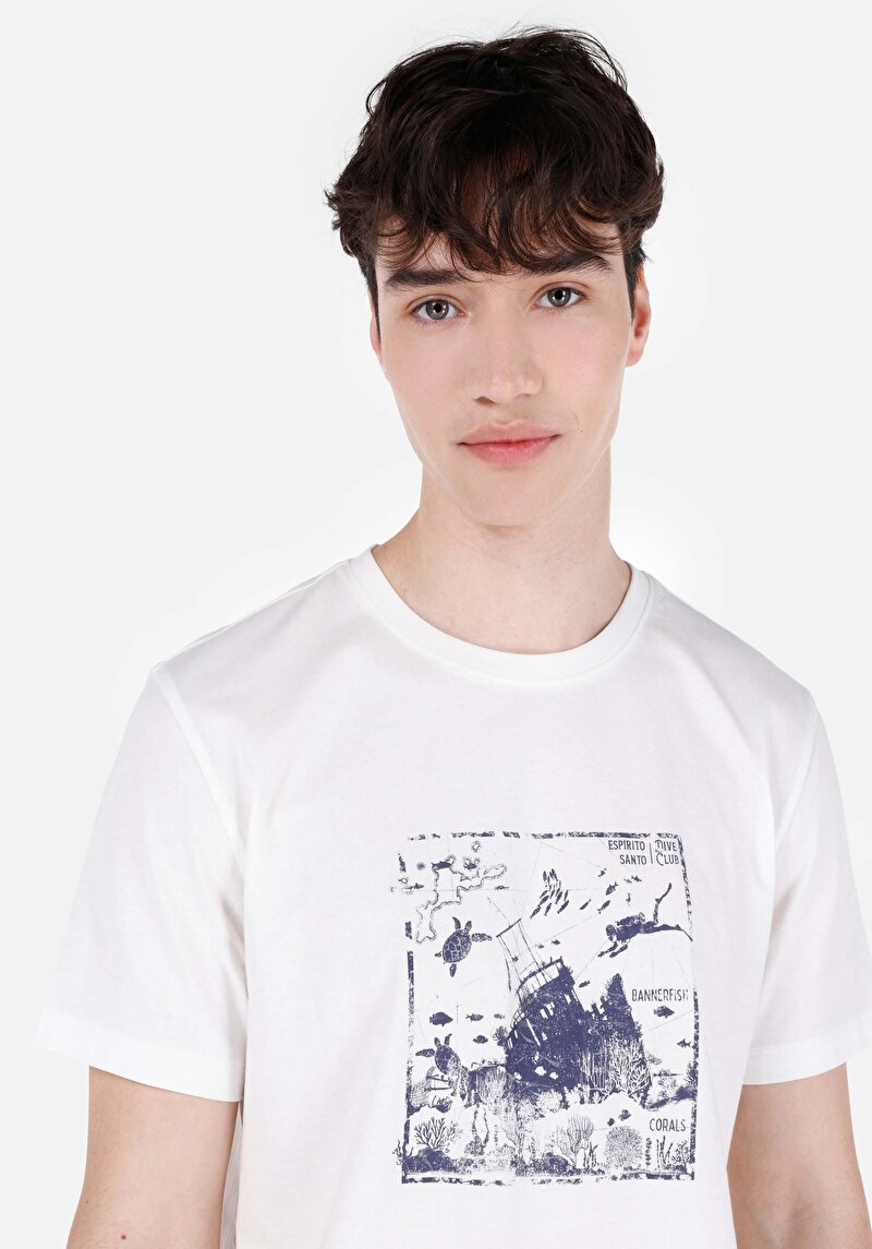 Regular Fit Yuvarlak Yaka Baskılı Düz Erkek Beyaz Kısa Kol Tişört