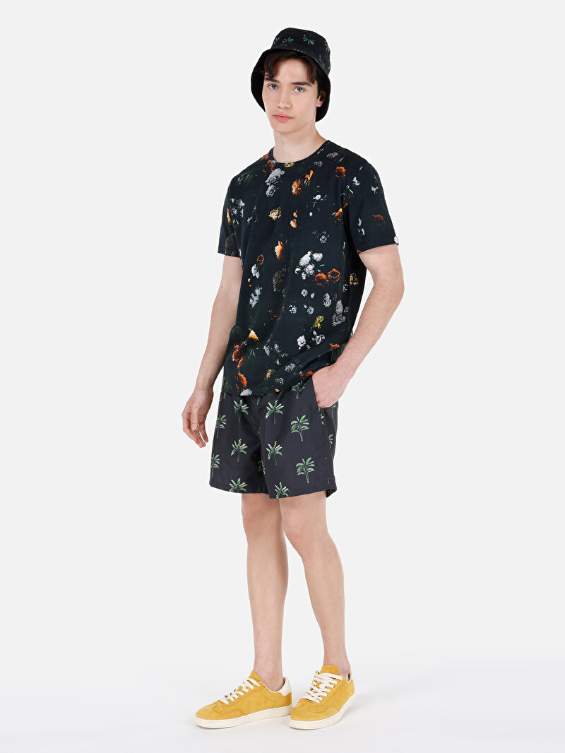 Regular Fit Yuvarlak Yaka Örme Baskılı Erkek Siyah Kısa Kol Tişört