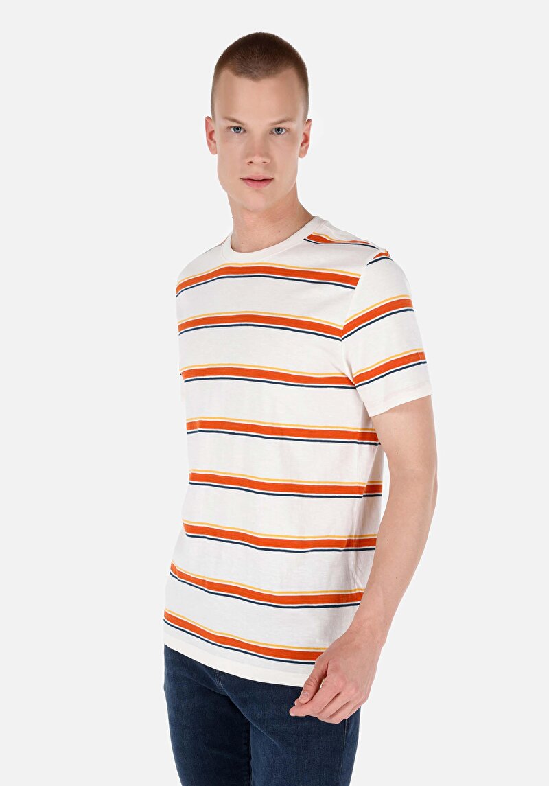 Regular Fit Yuvarlak Yaka Çizgili Erkek Beyaz Kısa Kol Tişört
