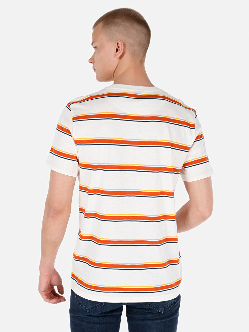 Regular Fit Yuvarlak Yaka Çizgili Erkek Beyaz Kısa Kol Tişört