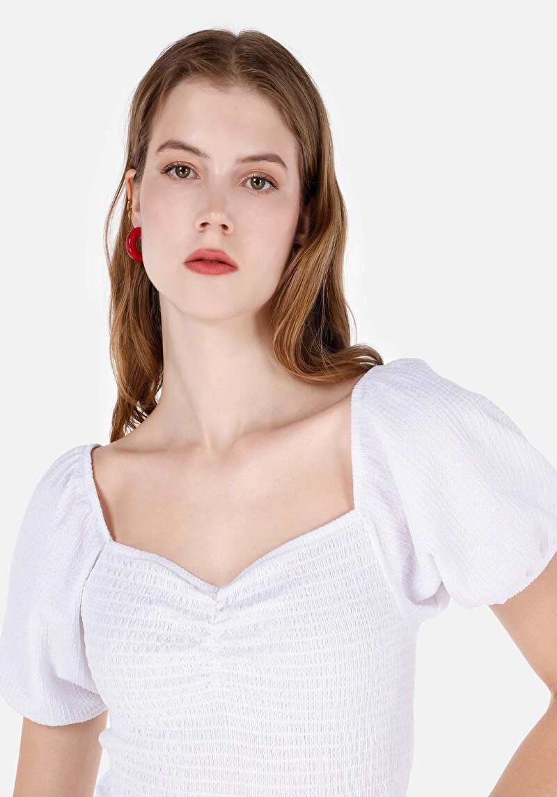 Slim Fit V Yaka Düz Kadın Beyaz Karpuz Tişört