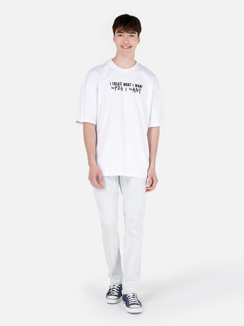 Oversize Fit Yuvarlak Yaka Düz Erkek Beyaz Kısa Kol Tişört