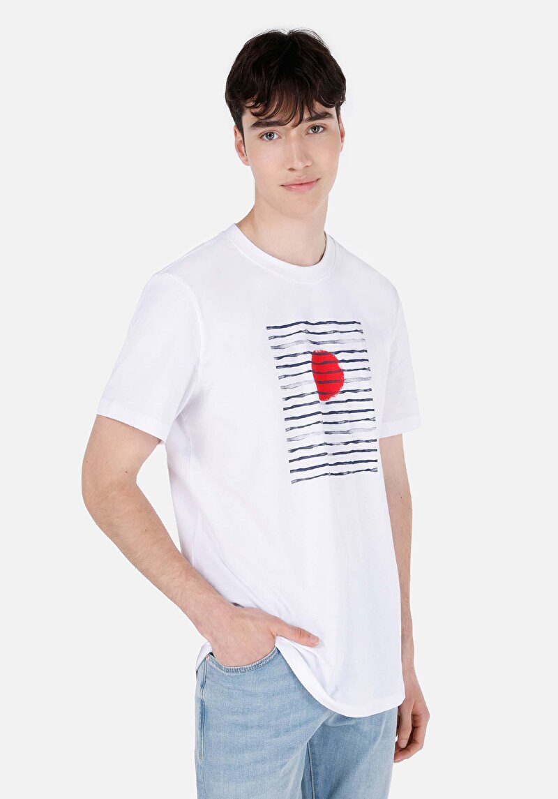 Regular Fit Yuvarlak Yaka Düz Erkek Beyaz Kısa Kol Çizgili Tişört