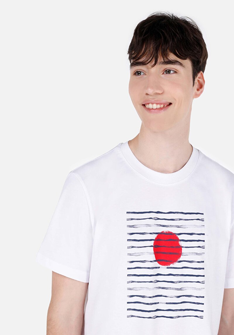 Regular Fit Yuvarlak Yaka Düz Erkek Beyaz Kısa Kol Çizgili Tişört
