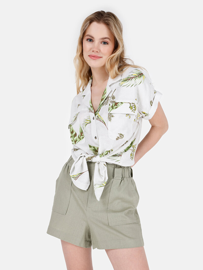 Regular Fit Shirt Neck Çiçekli Kadın Ekru Kısa Kol Gömlek