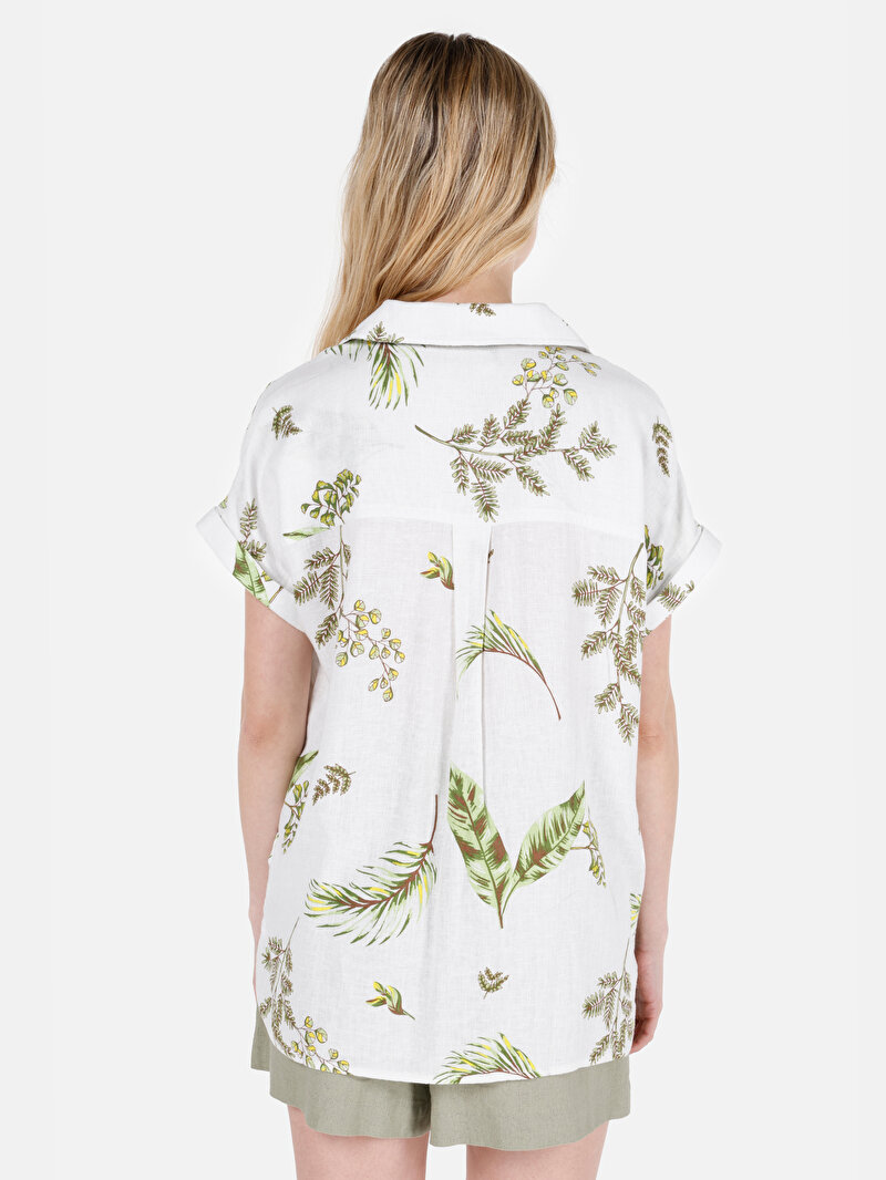 Regular Fit Shirt Neck Çiçekli Kadın Ekru Kısa Kol Gömlek
