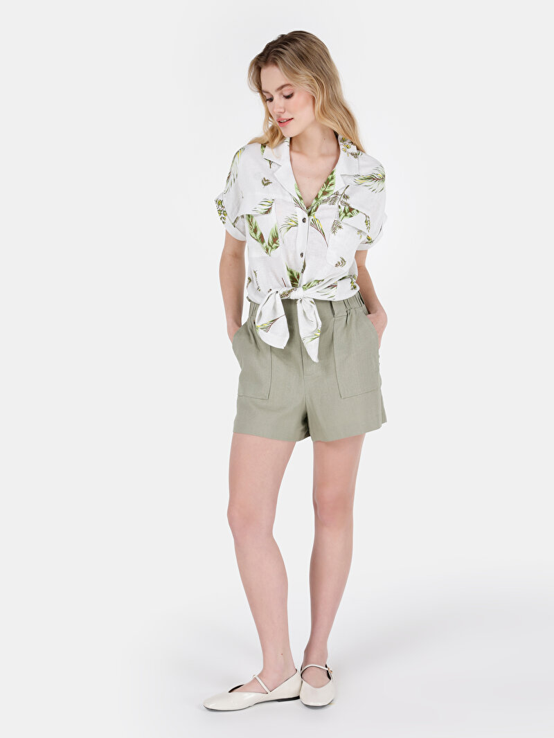 Regular Fit Shirt Neck Çiçekli Kadın Ekru Kısa Kol Gömlek