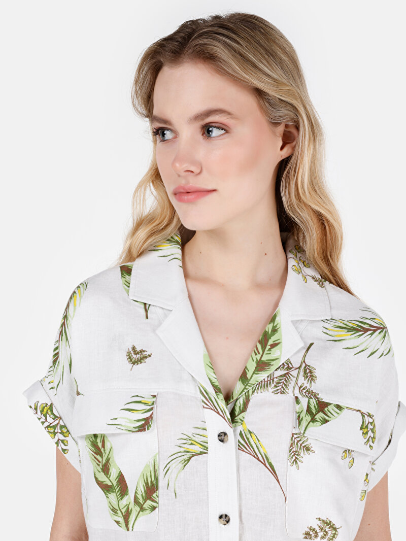 Regular Fit Shirt Neck Çiçekli Kadın Ekru Kısa Kol Gömlek