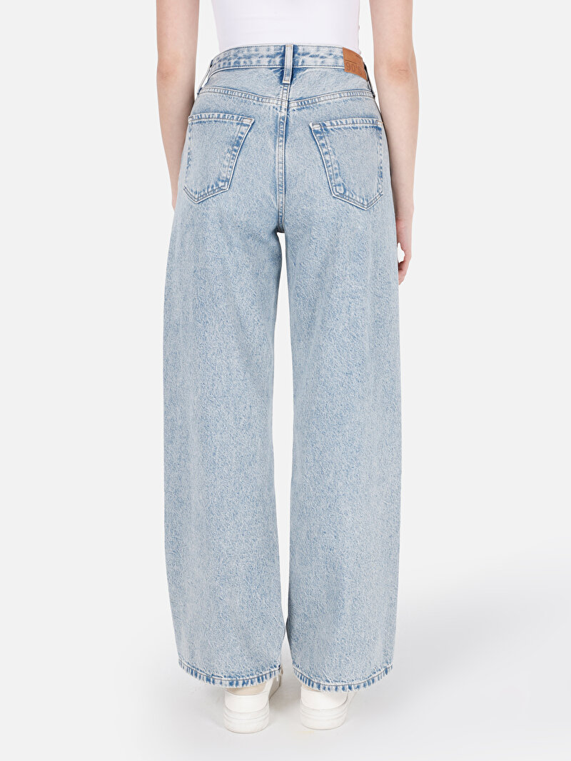 Regular Fit Yüksel Bel Geniş Paça Kadın Pamuklu Denim Jean Pantolon