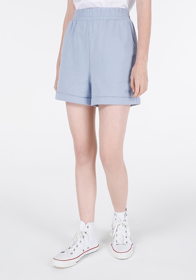 Regular Fit Orta Bel Cepli Kadın Mavi Şort