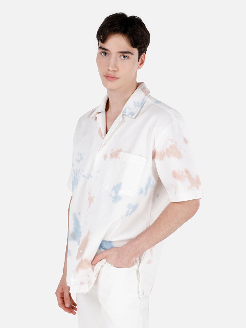 Oversize Fit Shirt Neck Erkek Bej Kısa Kol Gömlek